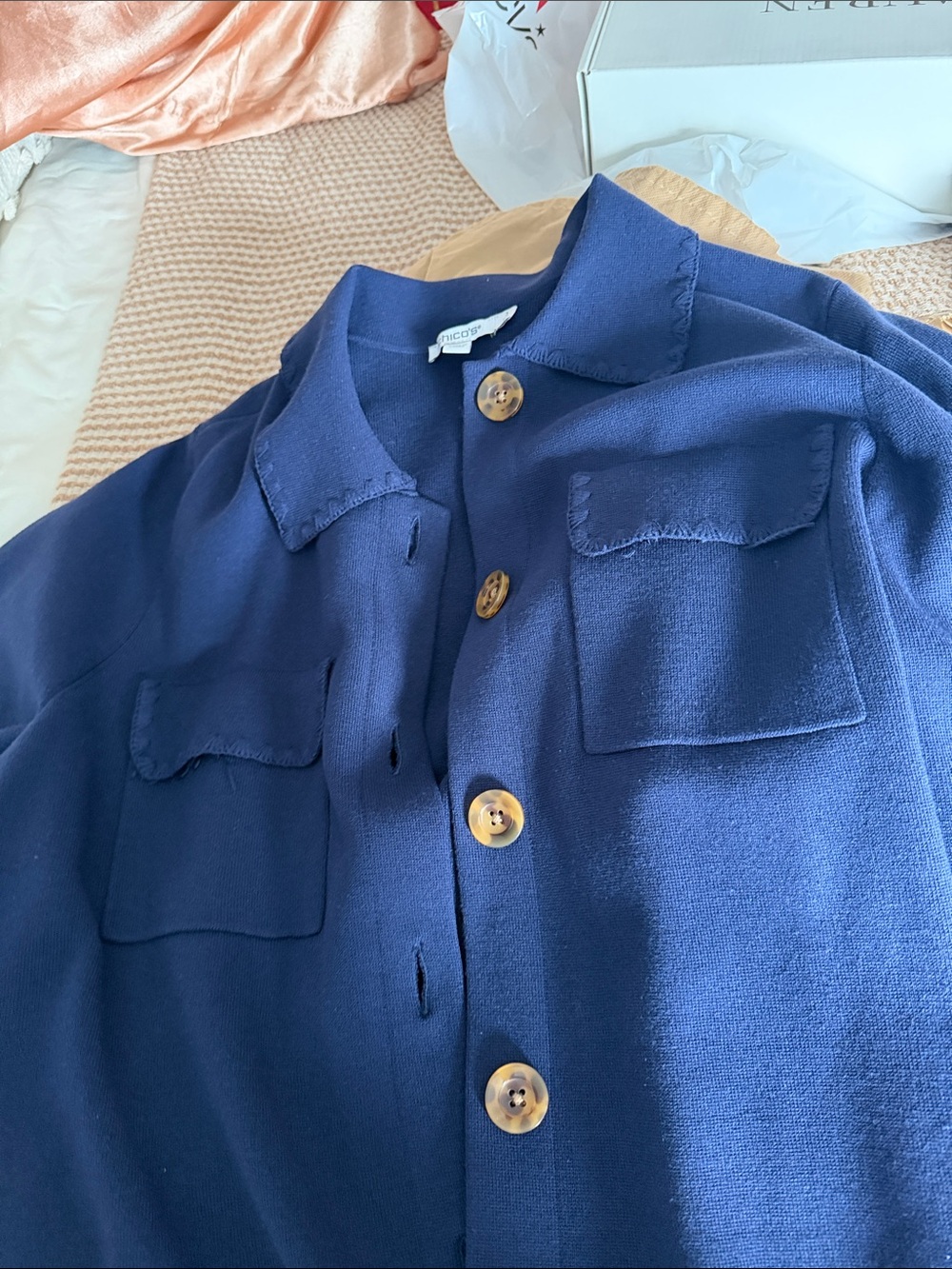Chico's Navy Blue Button-Front Sweater Blazer Jacket